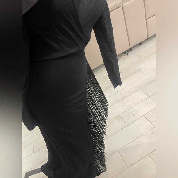 RARE ZARA KNIT Asymmetrical Fringe Draped Long Wrap Dress S -  threedaughtersproperties.com